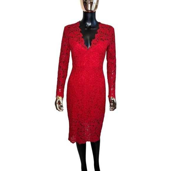 ⭐ Bardot Famous Red Lace Long Sleeve Cocktail Dress – Size 8 / Medium - Picture 2 of 10